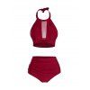 Ensemble de Bikini de Bain Tankini Simple Gainant Découpé Matelassé en Couleur Unie à Taille Haute à Col Halter - Rouge foncé S