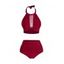 Ensemble de Bikini de Bain Tankini Simple Gainant Découpé Matelassé en Couleur Unie à Taille Haute à Col Halter - Rouge foncé S