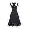 Cut Out Keyhole Sheer Party Dress High Waist Floral Lace Panel Asymmetric Midi Dress - BLACK XL