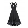 Robe Mi-longue Asymétrique à Imprimé Floral à Taille Haute Panneau en Dentelle avec Trou de Serrure - Noir XXL
