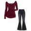 Ensemble de Jean Décontracté à Taille Haute avec Poches et Top Applique Evasé Croisé en Couleur Unie - multicolor M