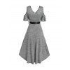 Space Dye Print Dress Cold Shoulder Surplice Dress Cinched Overlap Bowknot Contrasting Trim Summer A Line Dress - LIGHT GRAY M