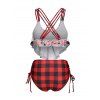 Bohemian Tankini Swimsuit Floral Plaid Print Swimwear Cinched Crisscross Tummy Control Bathing Suit - RED 3XL