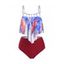 Maillot de Bain Tankini Contrôle du Ventre à Imprimé Plume Embelli de Perle à Volants de Plage - multicolor XL