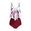 Tummy Control Tankini Swimsuit Floral Print Swimwear Flounce High Waisted Ruched Summer Beach Bathing Suit - BLACK 2XL