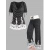 Ensemble de T-shirt Chiné Panneau en Dentelle à Epaule Cintrée et Pantalon Applique à Jambe Large - multicolor S