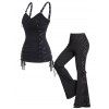 Ruched Grommet Lace Up Casual Tank Top and Lace Panel Long Flare Pants Casual Outfit - multicolor 