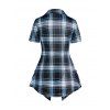 Plaid Print Asymmetric Crisscross Mock Button Short Sleeve T Shirt And Lace Up Cropped Leggings Outfit - multicolor S