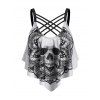 Gothic Tankini Top Skull Flower Print Lattice Flounce Swimming Top - BLACK XXL