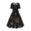 Celestial Sun Moon Star Galaxy Print Short Sleeve Dress Bowknot Cross High Waist A Line Dress