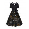 Robe Ligne A à Imprimé Etoile Lune Soleil Galaxie à Taille Haute avec Nœud Papillon - Noir M