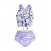 Maillot de Bain Tankini Croisé Rayé Fleuri à Volants - Violet clair L