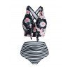 Maillot de Bain Tankini Croisé Rayé Fleuri à Volants - Noir XL