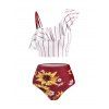 Maillot de Bain Tankini Rayé Gainant à Imprimé Tournesol à Une Epaule de Plage - Rouge Vineux L