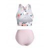 Floral Striped Ruched Crisscross Tankini Swimwear - LIGHT CORAL S