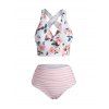 Maillot de Bain Tankini Croisé Rayé Fleuri à Volants - Corail Léger L
