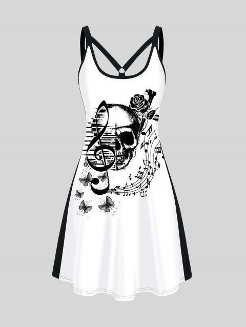 Skull Print Colorblock Gothic Dress Sleeveless High Waist Casual Dress