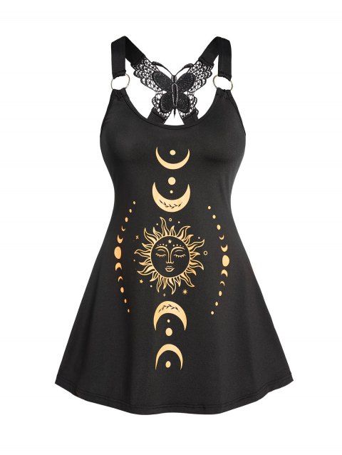Celestial Sun Moon Phase Print Tank Top Butterfly Lace O Ring Strap Tank Top