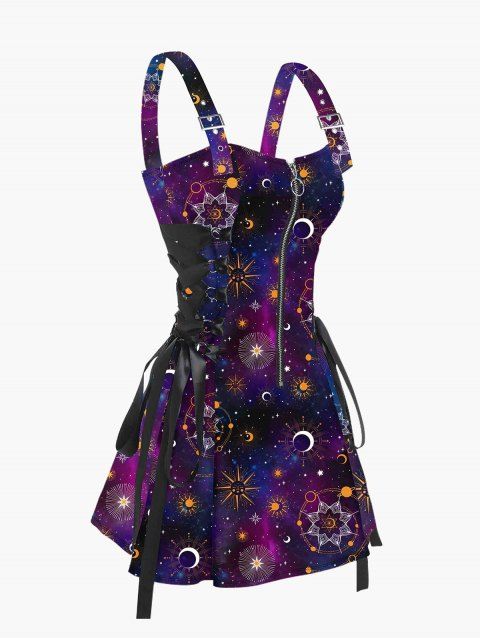 Galaxy Sun Star Print Dress Half Zipper Lace Up High Waisted Strap A Line Mini Dress