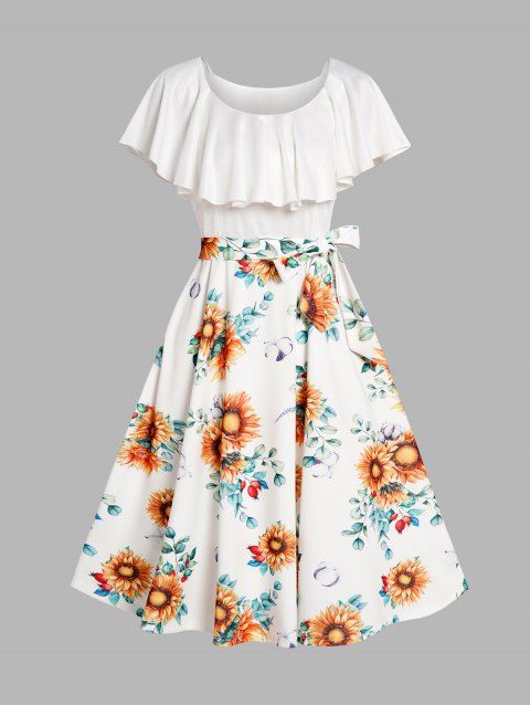 Sunflower Print Dress Flounce Short Sleeve Belted Combo Dress