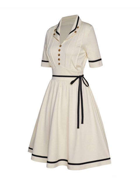Pleated Contrast Piped Dress Mock Button Turn Down Collar Belted High Waisted A Line Mini Dress