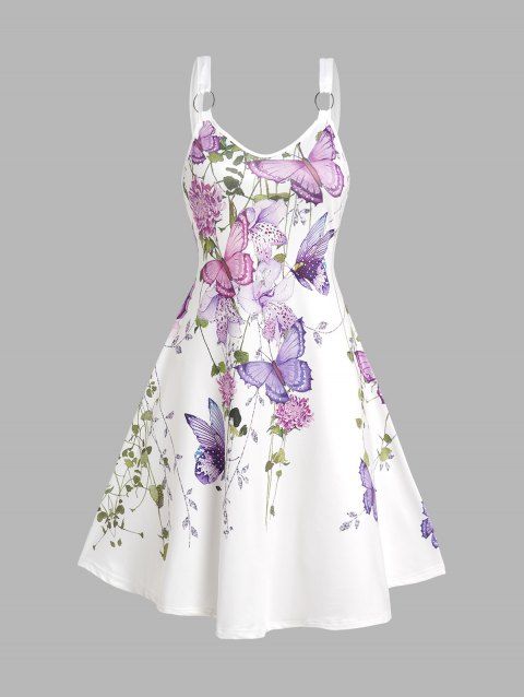 Butterfly Flower Leaf Print Cottagecore Dress Sleeveless O Ring Strap V Neck A Line Dress
