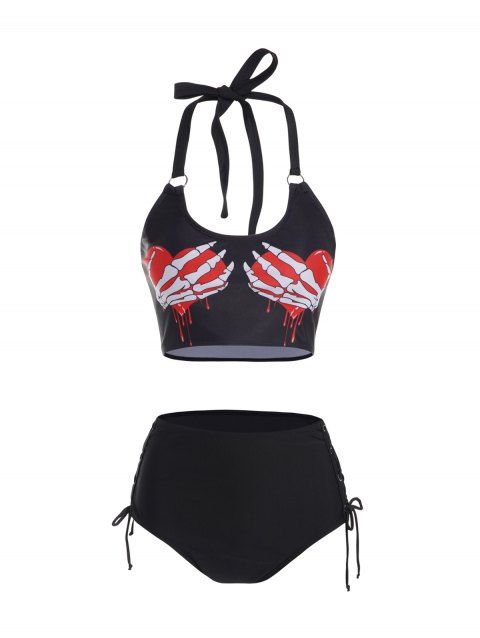Skeleton Bloody Heart Print Bikini Swimsuit Padded Halter Bikini Two Piece Swimwear Lace Up High Waist Bathing Suit