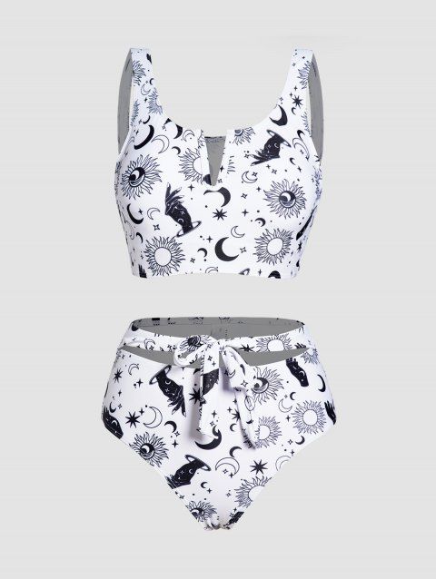 Allover Celestial Sun Moon Star Print Tankini Swimsuit Notched Padded Bowknot Bathing Suit