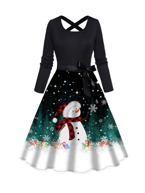 Christmas Snowflake Snowman Print A Line Dress Crisscross Bowknot Belted Long Sleeve Dress