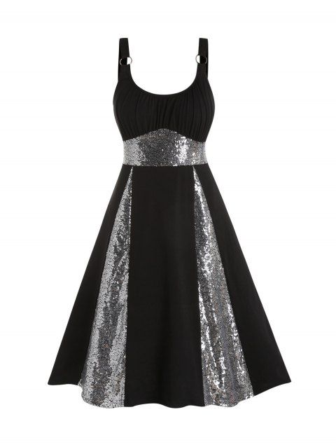 Sparkly Sequins Party Dress Ruched Bust Empire Waist Dress O Ring Straps Godet Dress
