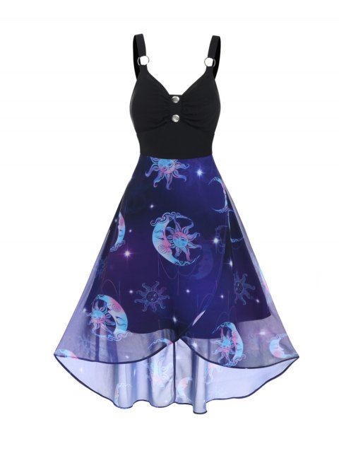 Vintage Dress Sun Moon Print Dress Empire Waist Mock Button Mesh High Low Midi Dress