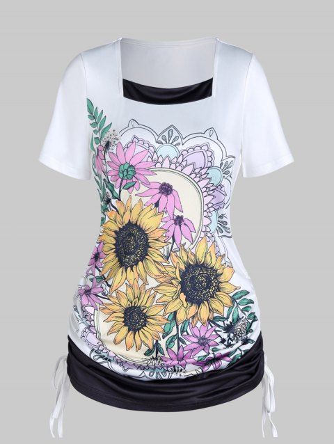 Summer T Shirt Sunflower Print T-shirt Cinched Tie Colorblock Tee Short Sleeve T Shirt