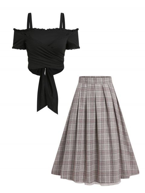 Cold Shoulder Crossover Ruffle Wrap Top And Plaid Print Flare Skirt Two Piece Set
