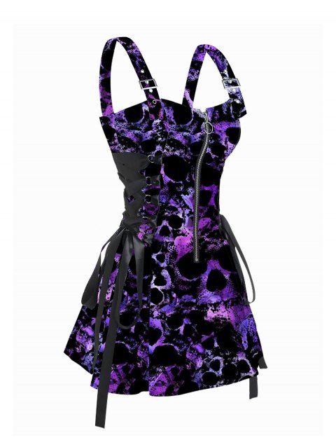 Skull Allover Print Buckle Strap Dress Lace Up Zip Front Gothic Mini Dress