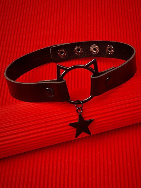Star Pendant Cat Shape PU Snap Button Gothic Choker Necklace
