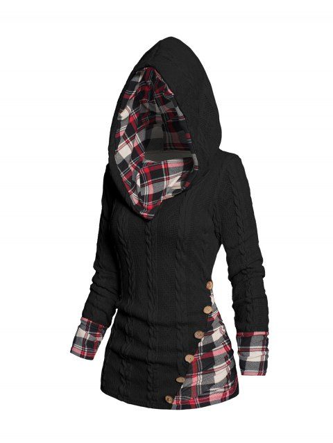 Pull à Capuche Boutonné à Carreaux Imprimé en Tricot à Câble à Col Châle