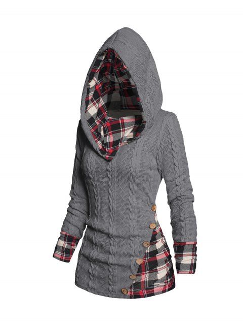 Twisted Cable Knit Plaid Print Hooded Sweater Mock Button Ruched Shawl Neck Sweater