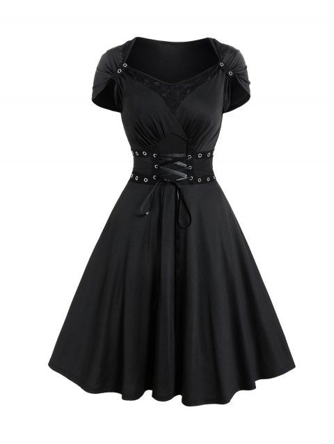Gothic Dress Solid Color Grommet Lace Up Lace Panel High Waisted Dress Surplice A Line Mini Dress