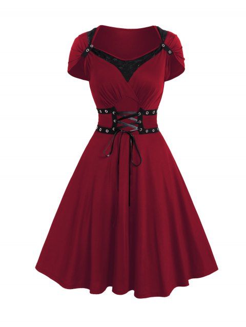 Mini Robe Ligne A Gothique Superposée avec Œillet en Dentelle en Couleur Unie à Taille Haute