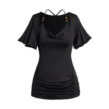 

Plus Size Beaded Ruched T Shirt Cowl Neck Short Sleeve Casual Tee, Black