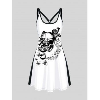 

Skull Print Colorblock Gothic Dress Sleeveless High Waist Casual Dress, Black