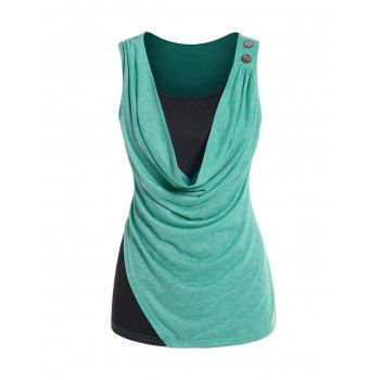 

Contrast Colorblock Tank Top Draped Cowl Neck Mock Button Casual Tank Top, Light green