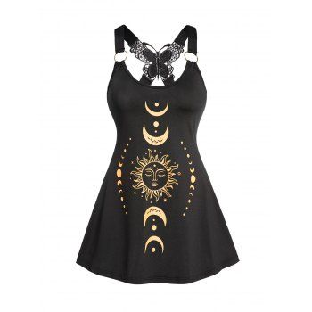 

Celestial Sun Moon Phase Print Tank Top Butterfly Lace O Ring Strap Tank Top, Black