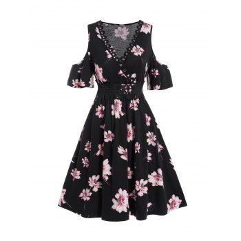 

Flower Print Cold Shoulder Mini Dress Applique Eyelet Plunging Neck Short Sleeve Dress, Black