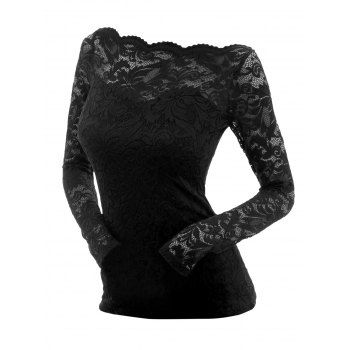 

Sheer Flower Lace Top Off The Shoulder Long Sleeve Top, Black