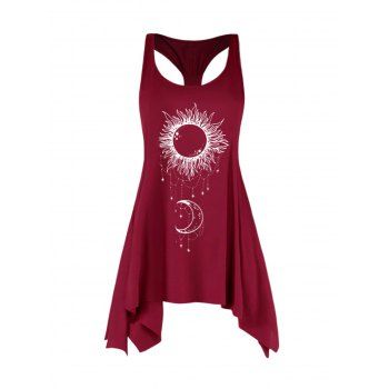 

Celestial Sun Moon Print Asymmetric Tank Top Long Casual Tank Top, Red