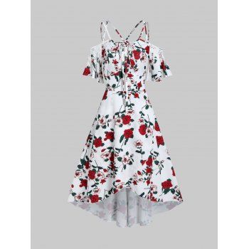 

Vacation Dress Rose Floral Print Dress Lace Up Cold Shoulder High Waist High Low Midi Summer Dress, White