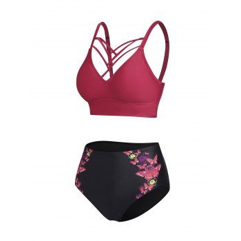 

Punk Butterfly Floral Tankini Swimsuit Lattice High Waisted Swimwear Set, Deep red