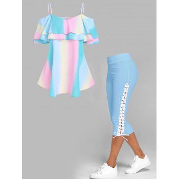 

Ombre Rainbow Ruffled Cold Shoulder Tee And Lace Up Cropped Leggings Outfit, Multicolor