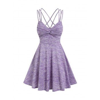 

Space Dye Print Mini Dress Crisscross Back Strappy Dress Front Twisted Casual Dress, Light purple